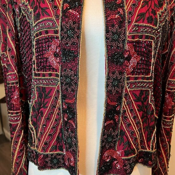 Vintage Niteline by Della Roufogali Red Beaded jacket, SIze Medium - Picture 5 of 14